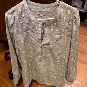 LOFT Light Gray Textured Blouse and cream/gold checkered blouse bundle size med